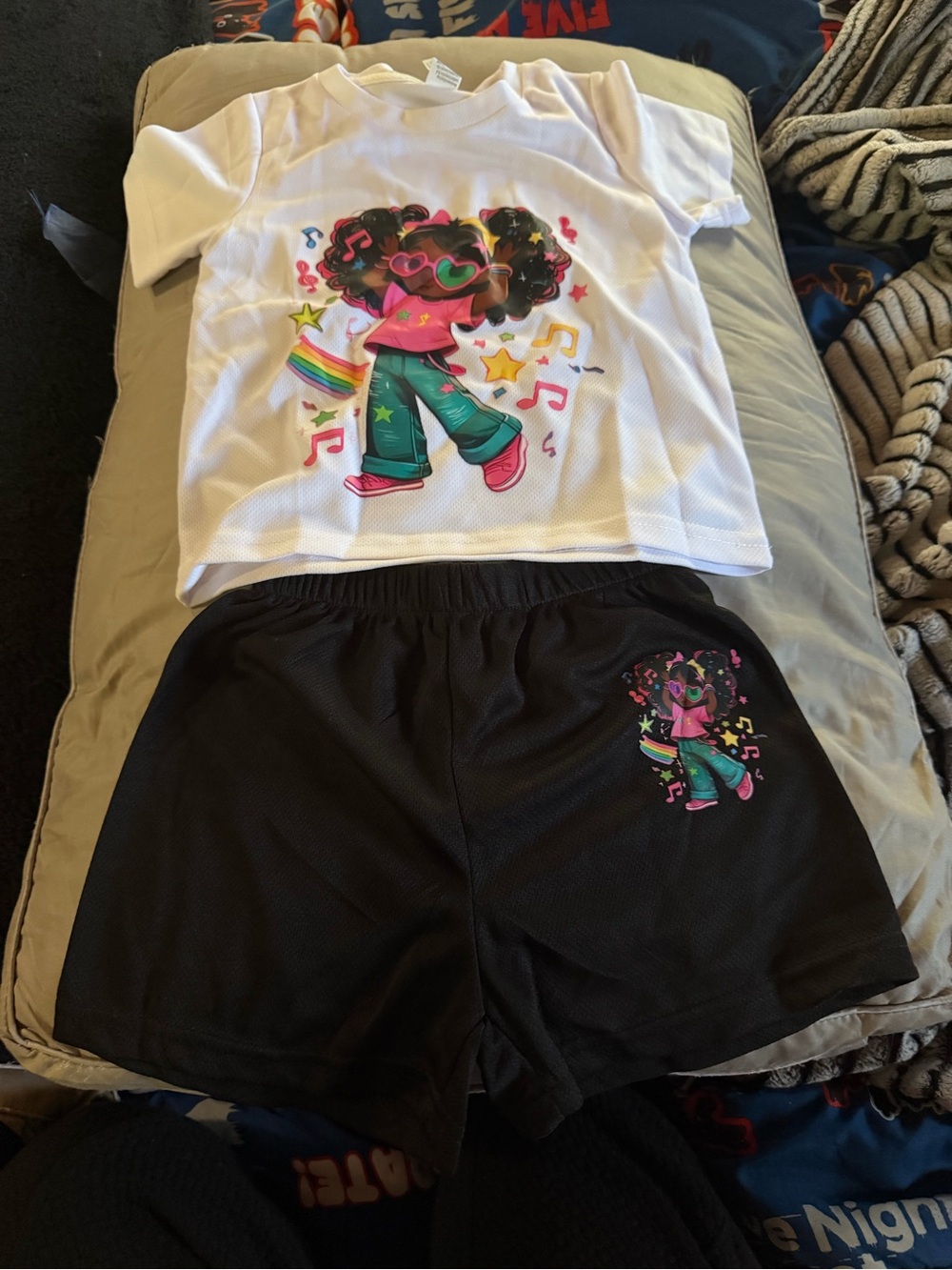 SHEIN White Graphic Tee with Black Shorts - Rainbow Dance Print